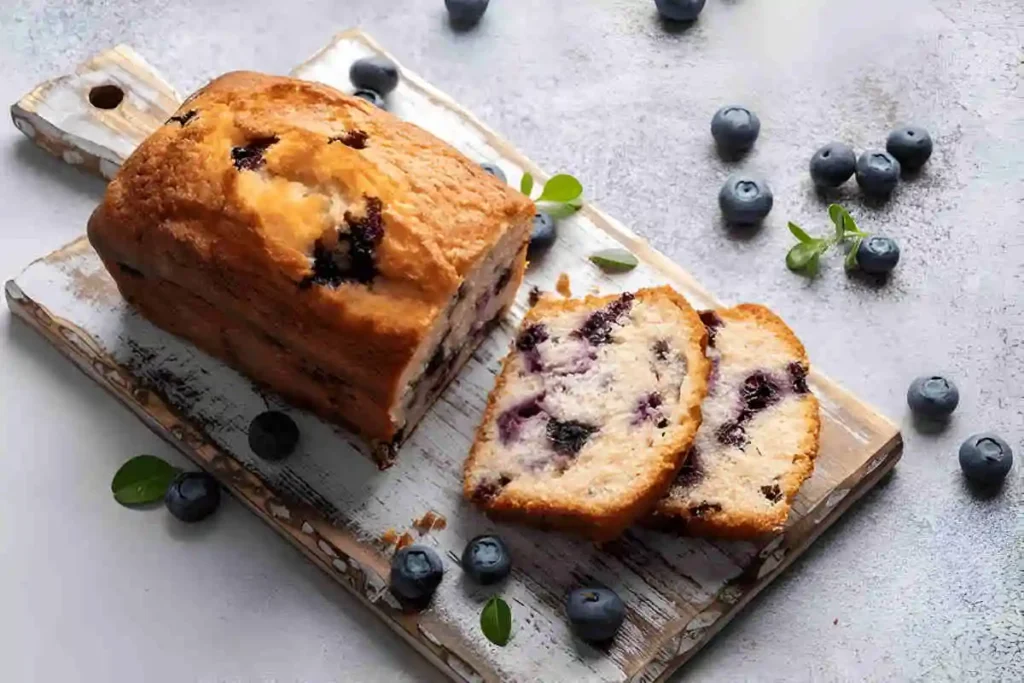 A delicious blueberry loaf cake, sliced and displayed on a wooden cutting board.

