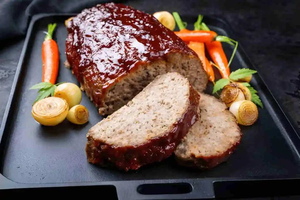 Home-cooked meatloaf, sliced and glazed, served with roasted carrots and onions.