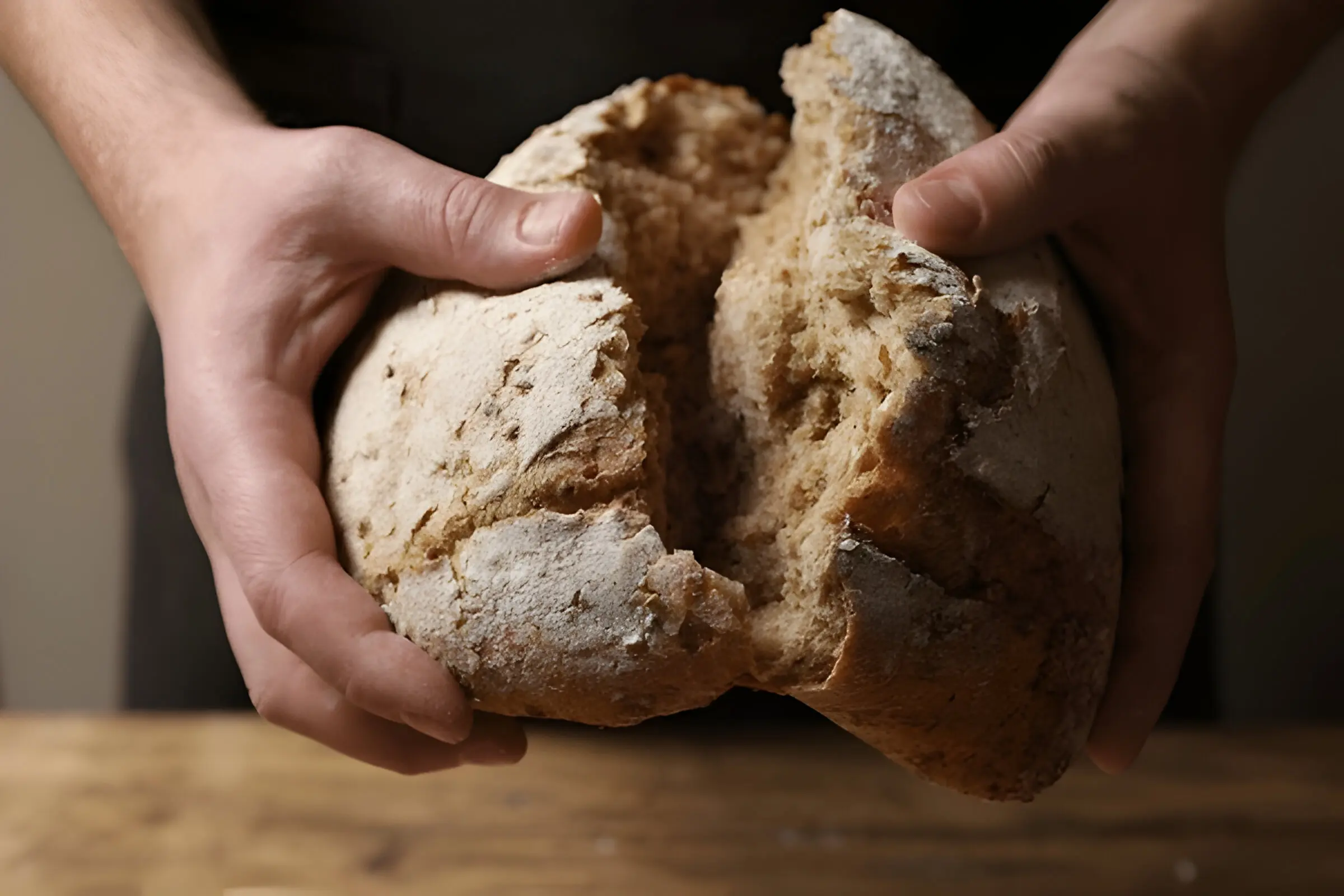 A close-up of a person's hands tearing open a freshly baked, crusty loaf recipes of bread.