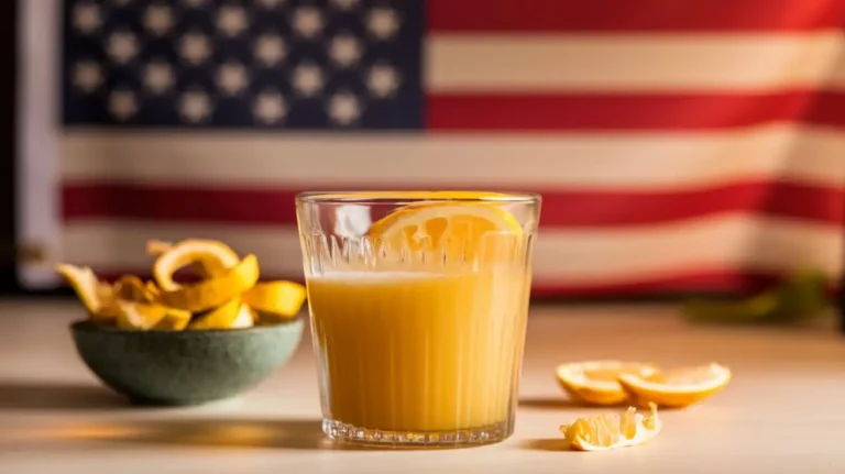 A glass of Yuzu Legal mocktail with a lemon slice, served in front of an American flag.