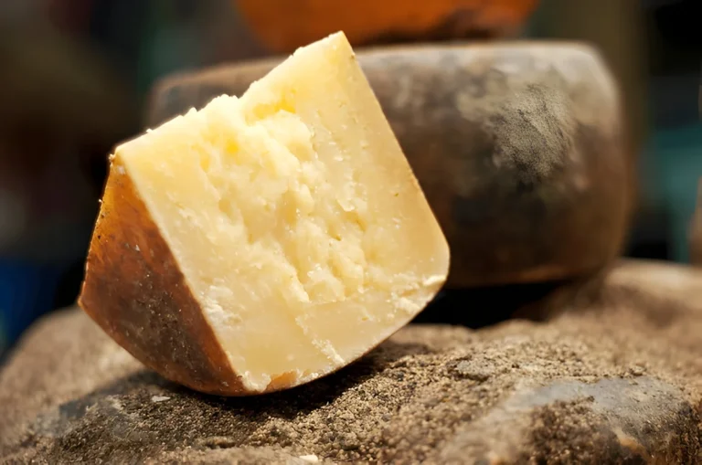 Close-up of a wedge of Pecorino Romano cheese with a hard, pale yellow interior and a darker rind.