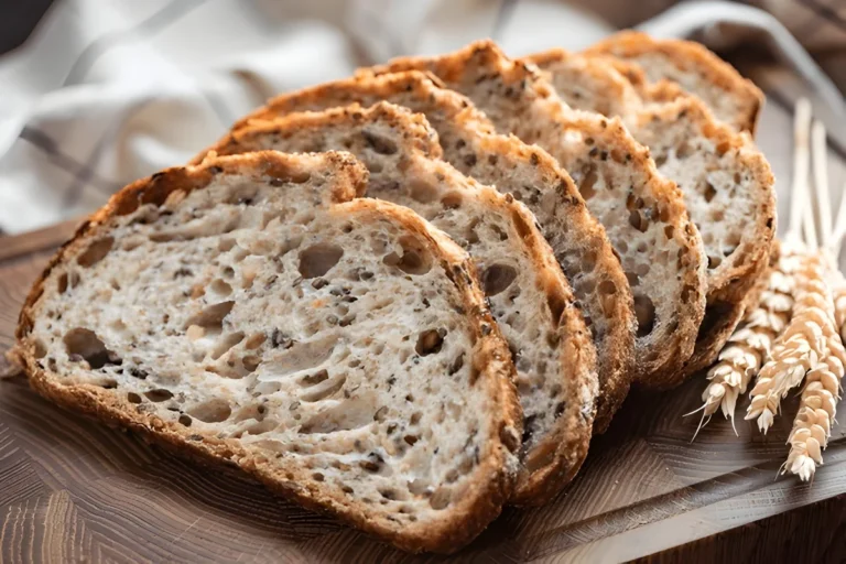 Freshly baked sourdough bread slices with a crispy crust and a rustic appearance.