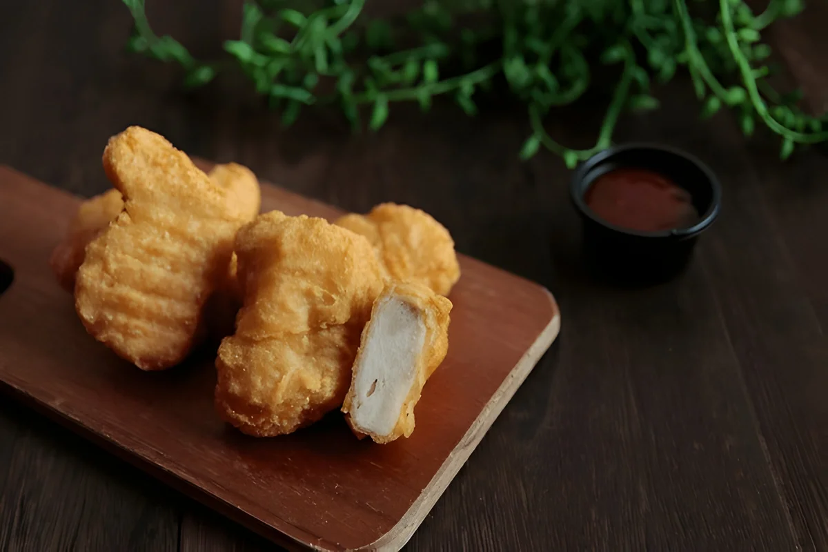 Golden-brown swordfish nuggets served on a brown plate