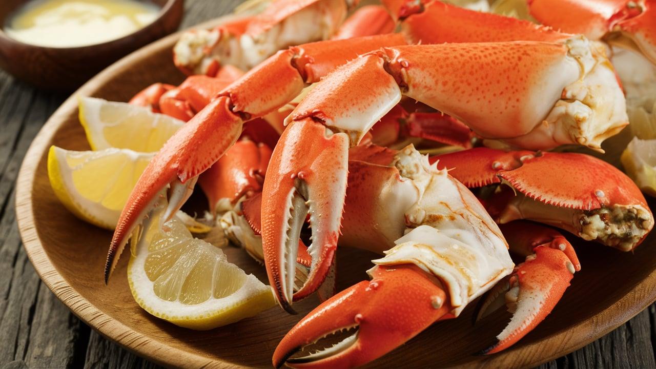 A close-up shot of freshly cooked crab legs and claws on a rustic wooden platter, served with melted butter and lemon slices, highlighting their texture and color.