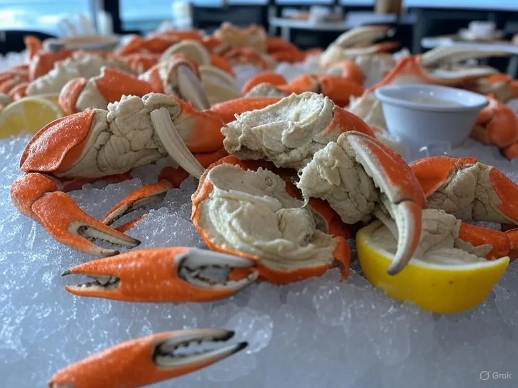 A close-up of freshly cooked stone crab claws on a bed of crushed ice, served with lemon wedges and dipping sauce, highlighting their premium seafood quality.
