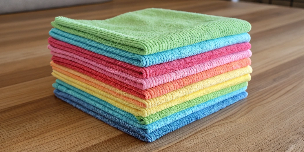A set of soft, colorful microfiber rags stacked on a wooden surface, ideal for dusting, streak-free glass cleaning, and absorbing spills.